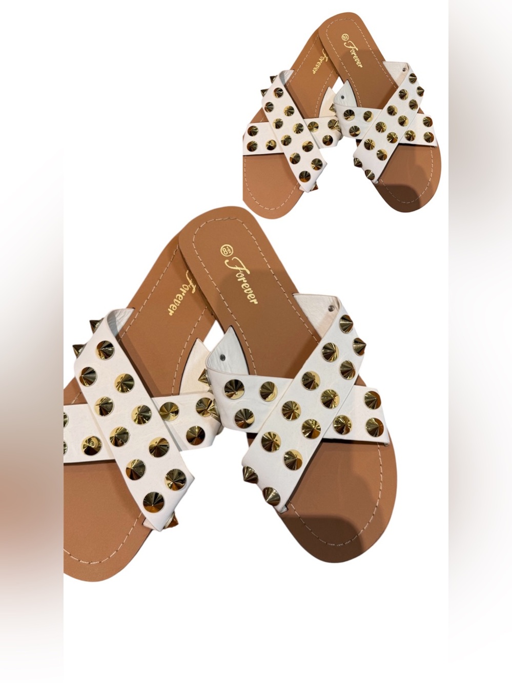 Forever 21 White Cross-Strap Slide Sandals with Gold Studs